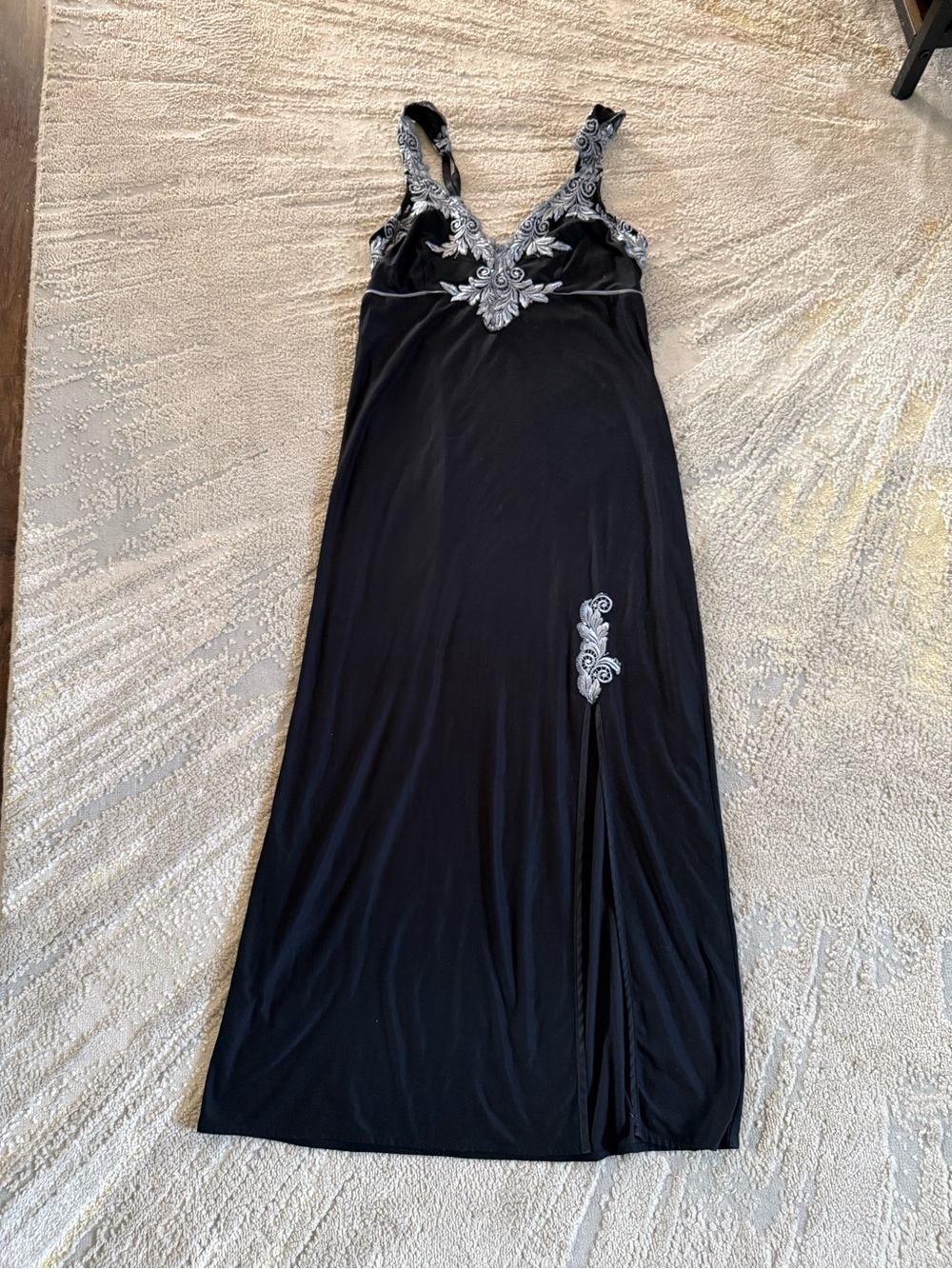 Soma sleep dress nightgown Black midi Silver Embroidered floral slit sexy XS